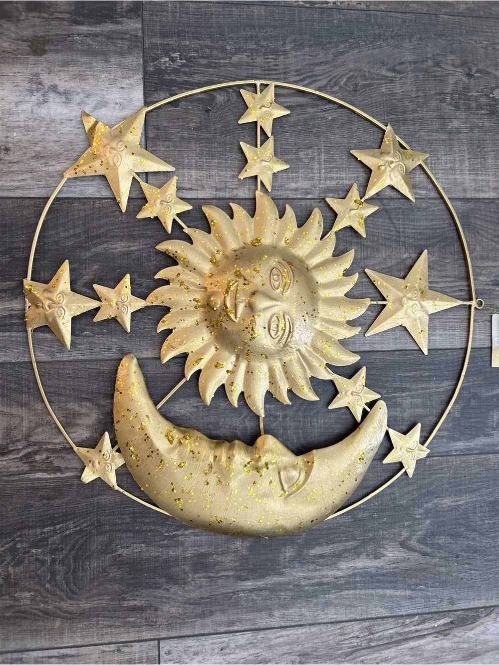 Gold Sun and Moon Wall Art Metal Wall Hanging w Sparkled Gold